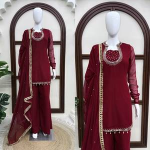Conjunto de diseñador con top de georgette sintético con efecto espejo y trabajo manual, pantalón palazzo y dupatta de georgette sintética, completamente cosido y listo para usar. - Product Image 6