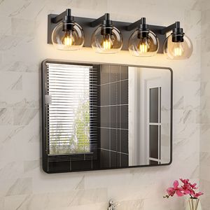 Lámpara de Baño de 4 Luces en Negro Mate, Diseño Industrial con Pantalla de Cristal Transparente y Base de Metal - Product Image 2