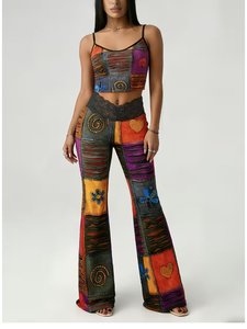 Bohemian Patchwork Flare <b>Pants</b> High Waist Loose Fit Full Length Printed Cotton Spandex Women s <b>Summer</b> <b>Pants</b> Womens Boho Color - Product Image 6