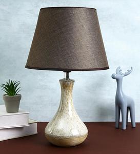 Ceramic Table <b>Lamp</b> with Brown Fabric Drum Shade Modern Design for Bedroom Decor - Product Image 1