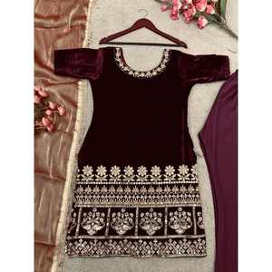 TISSU VELOURS À LA MODE BRODERIE SEQUENCE TRAVAIL TOP BAS AVEC DUPATTA BROWN - Product Image 5