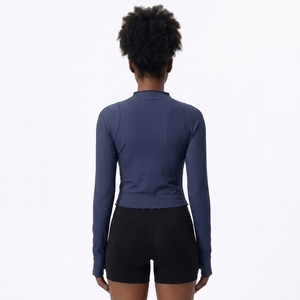 Custom Raw Hem Ribbed <b>Mock</b> <b>Neck</b> Fitted Long Sleeve Streetwear <b>Top</b> OEM - Product Image 2