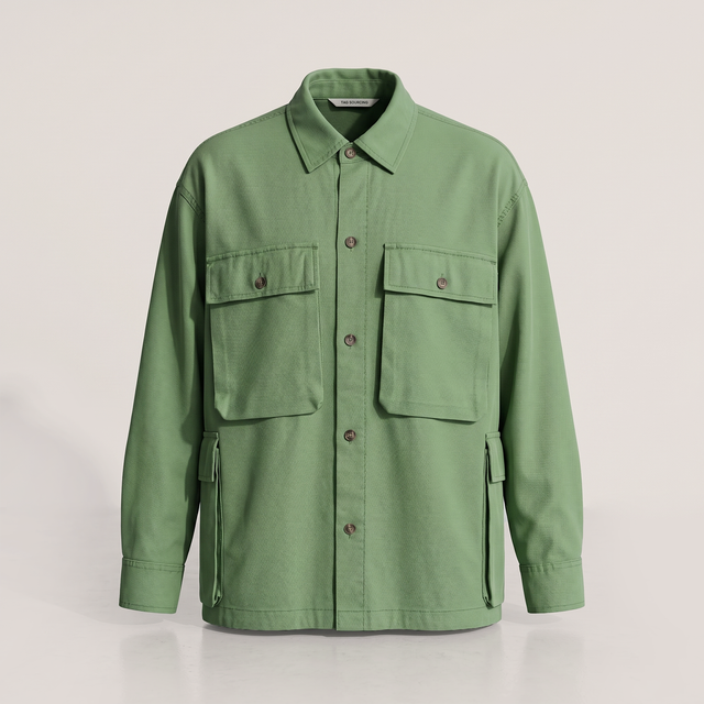 Men's Green Utility Shirt Jacket Button Up Long Sleeve Workwear Style Custom Logo Casual Outerwear