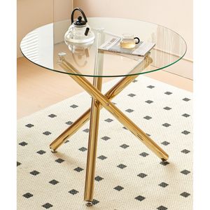 Tavolo da Pranzo Moderno Salvaspazio Dorato con Gambe in Metallo e Piano in Vetro per Cucina o Soggiorno - Product Image 1