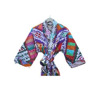 Kimono vintage chic en kantha brodé, robe indienne pour femme, manteau d'été et d'hiver à manches longues, matelassé, 100 % coton, vêtement d'extérieur décontracté - Product Image 4