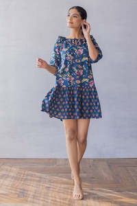 Robe courte à imprimé floral, coupe évasée, col à volants, manches bouffantes, coupe ample, robe d'été décontractée pour femmes, viscose, polyester, tissé - Product Image 2