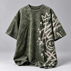 T-shirt noir surdimensionné pour homme, style streetwear, délavé à l'acide, col rond, manches courtes, couleur personnalisable, 220g polyester/coton, séchage rapide - Product Image 2