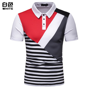 เสื้อโปโลถักลายบล็อกสี ลายเรขาคณิต ทรงลำลอง สีขาว แดง ดำ ลายทาง - Product Image 1