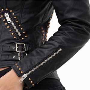 Veste en cuir PU noir uni clouté pour femme, style motard ajusté, mode automne, fermeture éclair fluide, confortable à porter - Product Image 6