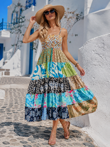 Robe longue d'été pour femme en soie recyclée, style spaghetti et patchwork, pour les fêtes et le quotidien - Product Image 4