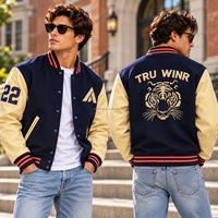 Veste universitaire personnalisée bleu marine avec manches en cuir crème, veste de baseball en laine avec logo brodé, vente en gros, OEM