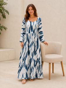 Vestido Western de Manga Larga con Estampado Tie Dye Blanco para Mujer, Escote Corazón, Acampanado, con Lazos y Espalda Recortada, Ropa de Mujer al por Mayor - Product Image 4