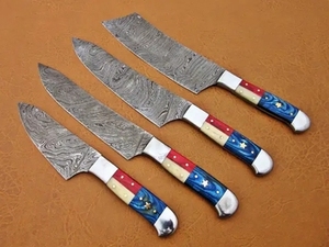 Ensemble de 4 couteaux de chef multifonctionnels écologiques avec manche en bois, couteaux de cuisine professionnels en acier inoxydable - Product Image 1