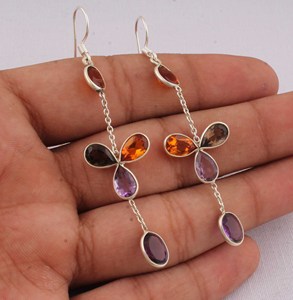 Natural Multi Gemstone <b>Earrings</b> 925 <b>Sterling</b> <b>Silver</b> Jewelry Mixed Stone <b>Dangle</b> <b>Earrings</b> Vintage Style Colorful Gemstone <b>Earrings</b> - Product Image 2