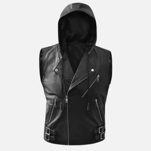 Chaleco de cuero genuino para hombre, estilo motociclista con capucha, diseño de solapa y cremallera diagonal, sin mangas, de piel de vacuno, servicio OEM, transpirable - Product Image 1