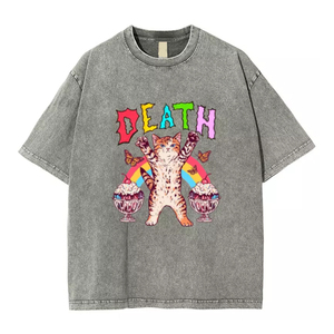 T-shirt unisexe gris délavé à l'acide, col rond, manches courtes, 100% coton, imprimé chat arc-en-ciel, motif 'Death Front', toutes saisons, coupe ample - Product Image 1