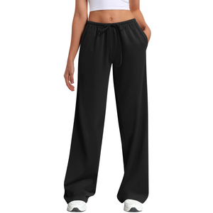 Pantalones Deportivos de Cintura Alta y Pierna Ancha para Mujer, Color Sólido, con Cordón, Corte Holgado, Largos, Casuales, Verdes, 100% Algodón Tejido - Product Image 2