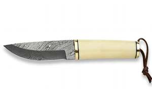 Couteau utilitaire à lame fixe en acier Damas, fabriqué à la main, avec manche en os lisse et poinçon en laiton, outil de découpe - Product Image 4