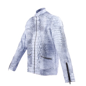 Veste en cuir PU bleu pour homme, style motard, col mandarin, fermeture éclair, coupe ajustée, longueur normale, motif crocodile embossé - Product Image 3