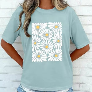 เสื้อยืดคอตตอน 100% พิมพ์ลายดอกไม้แบบสั่งทำ OEM สำหรับผู้หญิง ทรงโอเวอร์ไซส์ คอกลม สไตล์ลำลองสำหรับฤดูร้อน เสื้อทรงหลวมพื้นฐาน - Product Image 1