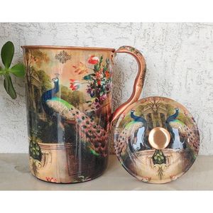 Indian Art Villa Copper Pitcher With Peacock Design Vintage <b>Large</b> Capacity Home Drinkware With Lid - Product Image 1