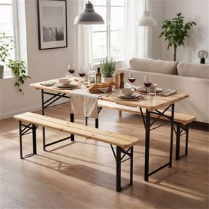 Set da Pranzo per Esterni in Legno di Abete Massiccio da 47 Pollici con 2 Panche Pieghevoli e Tavolo da Picnic con Robusta Struttura in Metallo per Patio, Giardino e Cortile - Product Image 3