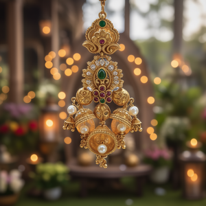 Chandbali Jhumka Chandelier Earrings-Vintage Gold Plated Oxidized Polish Regular Length Tassel Design Jade Pearl Diamond - Product Image 3