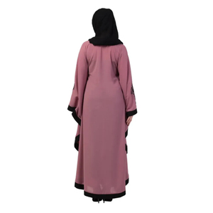 Muslim Pink Embroidered Abaya with Black Trim <b>Long</b> Sleeve Midi Modest <b>for</b> Women Middle East Style Daily Wear - Product Image 6