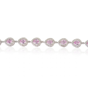 Bracelet tennis empilable en or blanc 14 carats avec saphir rose taille poire 4x3mm et halo de diamants ronds, design exquis, cadeau pour demoiselle d'honneur - Product Image 3