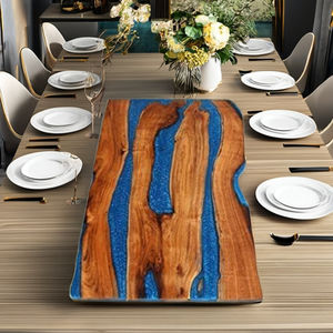 Table à manger rectangulaire moderne en résine époxy artisanale de luxe pour salon, plateau en bois d'acacia, imperméable, cadeau de mariage, personnalisable - Product Image 6