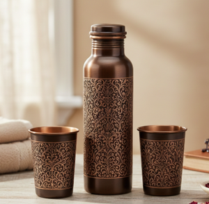 Bouteille d'eau en cuivre pur or rose avec décor filigrané, design traditionnel, portable pour les voyages - Product Image 2