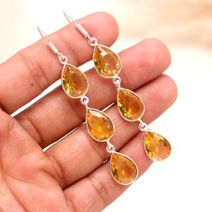 Pendientes Colgantes de Citrino Natural en Forma de Pera, Plata de Ley 925 |   Pendientes Largos con Gema Amarilla |   Joyería Elegante Hecha a Mano - Product Image 2