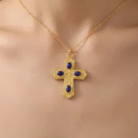 Collier pendentif plaqué or 18 carats avec pierre précieuse naturelle Lapis Lazuli, croix religieuse chrétienne, chaîne en câble, pour fêtes et usage quotidien
