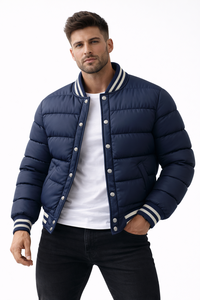 New Design Men’s <b>Blue</b> Varsity Style Puffer Jacket Winter Quilted Snap Button Bomber Coat Ribbed Collar Streetwear Outerwear - Product Image 4