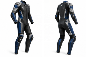 Traje de Motocicleta de Cuero de Una Pieza, Estilo Deportivo Urbano |   Azul Negro Gris |   Fabricante OEM ODM |   Diseño de Calidad Premium |   Ropa de Carreras - Product Image 3