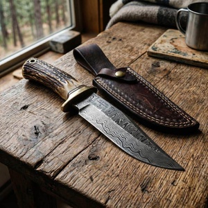 Couteau de chasse en acier de Damas, lame à pointe tombante avec manche en os, couteau de survie artisanal pour l'extérieur - Product Image 2