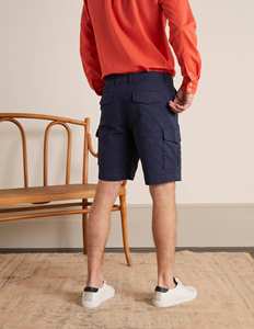 Shorts cargo pour homme, bleu marine, taille mi-haute, fermeture boutonnée, couleur unie, style décontracté, avec poches, en coton tissé - Product Image 3