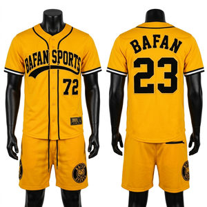 Conjunto de camiseta y pantalones cortos de béisbol de poliéster beige con rayas negras, logotipo bordado en sarga, uniforme personalizado con logotipo del equipo para hombre. - Product Image 3