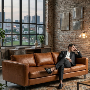 Mid-Century Modern Genuine Cowhide Leather <b>Sofa</b> 3 Seater <b>Brown</b> Leather Couch for Modern Stylish Living Rooms Furniture - Product Image 2