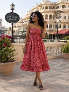 Wholesale Women's Red Floral Hand Drawn Print Strapless Sundress Smocked Tube Casual Summer Midi <b>Dress</b> 100% Cotton Anti-Wrinkle - Product Image 4