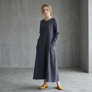 Robe longue en coton et lin gris pour femme, manches longues, coupe décontractée, respirante, robe d'été décontractée - Product Image 3