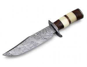 Couteau d'extérieur artisanal en acier Damas, manche en os de chameau et bois, double garde en acier - Product Image 2