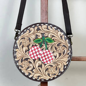 Custom Tooled Genuine Leather Round Sling Bag Cherry Floral Pattern Women's Vintage Style <b>Card</b> Holder Evening Shopping Handbag - Product Image 4