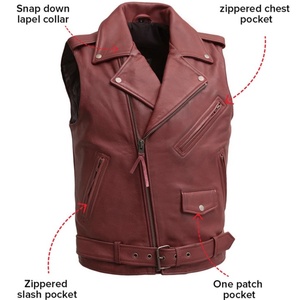 Gilet de motard en cuir bordeaux pour homme, veste sans manches en cuir véritable avec fermeture éclair asymétrique et ceinture, coupe ajustée sur mesure - Product Image 3