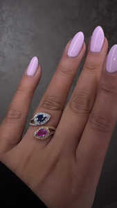 Anillo Halo de Oro Sólido de 18k con Dos Piedras de Zafiro Rosa y Azul Corte Pera, Gema Natural y Diamante Cultivado en Laboratorio, Joyería Fina - Product Image 4