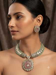 R.K. Juego de Collar HASLI Chapado en Oro con Perlas y Circonitas, Estilo Étnico Indio, para Novias, con Aretes a Juego, para Bodas y Fiestas - Product Image 5