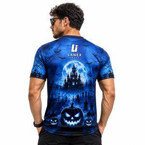Men's Halloween T Shirt Custom 3D Digital Print Pumpkin Haunted Castle Bat Pattern Black Blue Short Sleeve Casual Shirt Apparel - Product Image 4