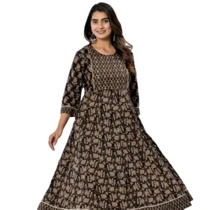 Damen Rayon Kurti indischer Ikat bedruckte A-Linie Kurta Kurti mit Designerknöpfen lange Freizeitkleidung Bürobekleidung Damenkurti-Kleid