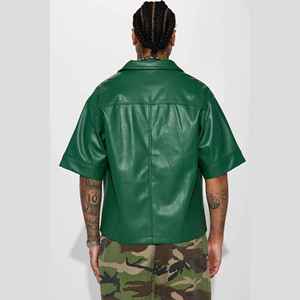 Bulk Order Brand Clothing Green Summer Men Short Sleeve Blank Chest Pockets Boxy <b>Shirt</b> Custom Logo Faux Leather <b>Button</b> up <b>Shirt</b> - Product Image 2