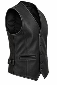 <b>Men's</b> <b>Black</b> Leather <b>Vest</b> V-Neck Button Closure Casual Outerwear Plus Size Regular Fit Solid Color - Product Image 5